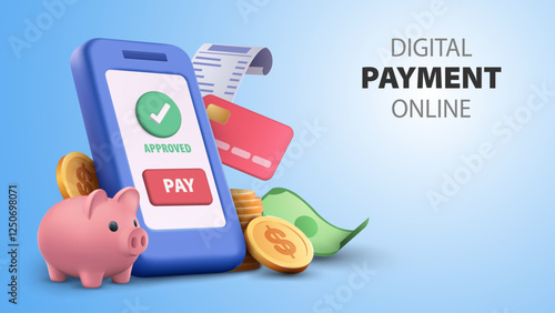 digital payment concept featuring a smartphone displaying approved payment, piggy bank coins and credit card representing online shopping online transactions mobile payment. 3D vector illustration