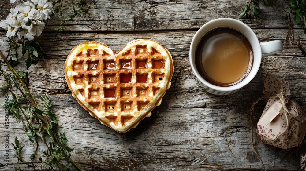 A cozy Valentine's setup with a heart-shaped waffle, syrup, and a cup of coffee on a rustic table. A cozy Valentine's setup with a heart-shaped waffle, syrup, and a cup of coffee on a rustic table.