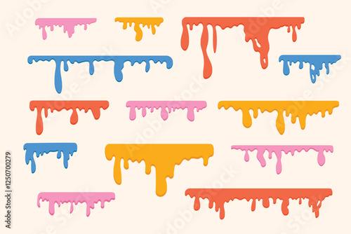 Large set of colorful flowing liquid drops from above. Hand drawn drops of liquid paint
