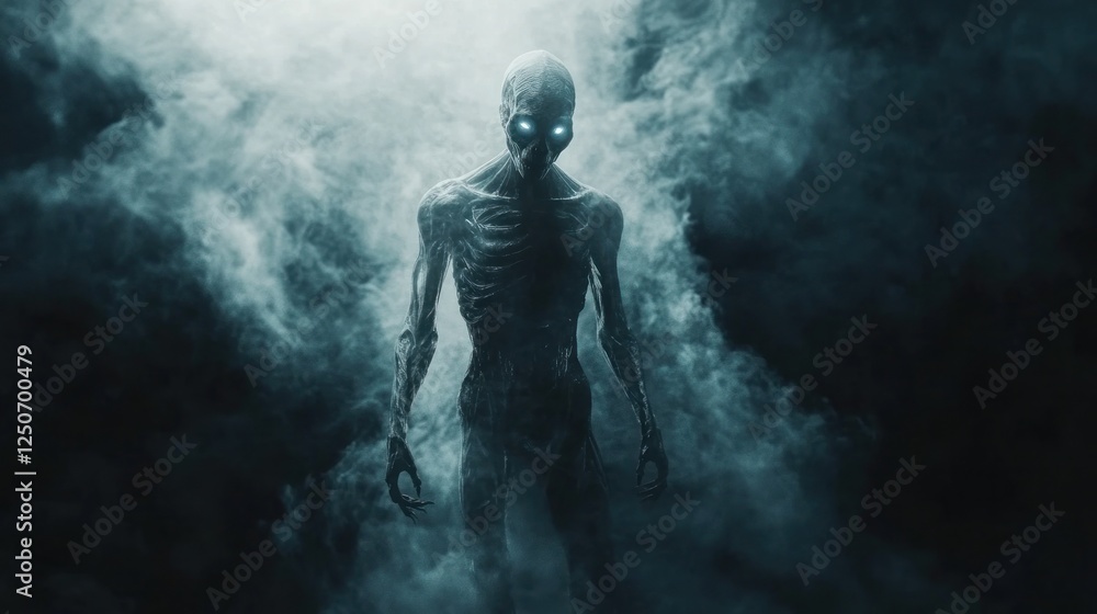 Terrifying Creature Emerging from Ethereal Smoke, Eyes Glowing in the Dark Terrifying Creature Emerging from Ethereal Smoke, Eyes Glowing in the Dark