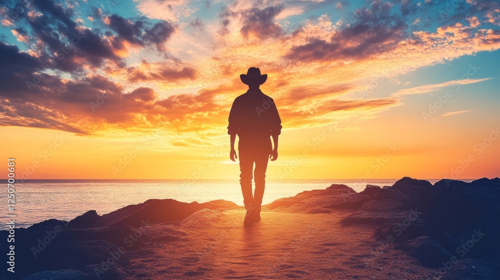 Farmer silhouetted walking rocky shoreline during golden sunset, highlighting dramatic landscape and tranquil coastal scenery with warm sky illumination