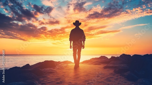 Obraz na płótnie Farmer silhouetted walking rocky shoreline during golden sunset, highlighting dramatic landscape and tranquil coastal scenery with warm sky illumination w salonie