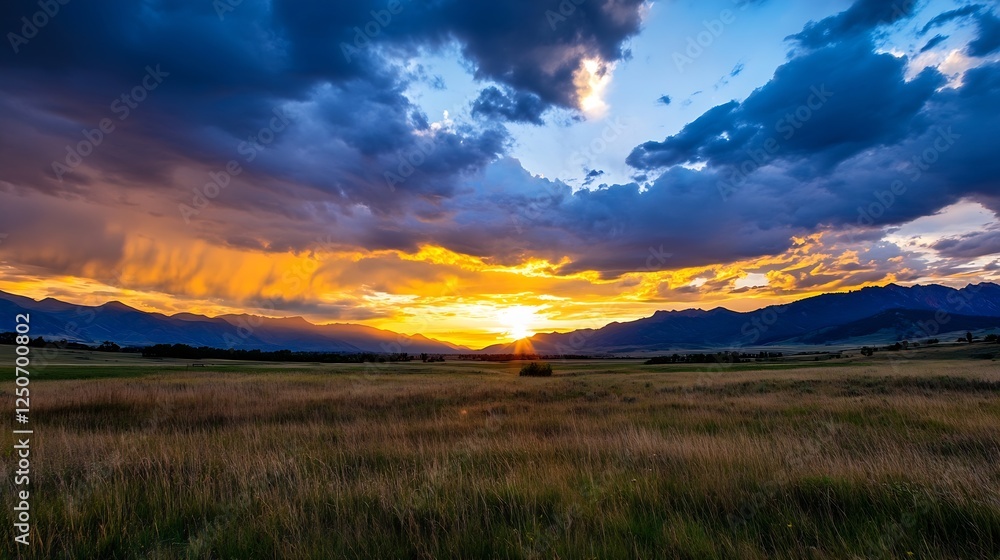 Wide open landscape featuring rolling hills and a stunning sunset with dramatic clouds : Generative AI Wide open landscape featuring rolling hills and a stunning sunset with dramatic clouds : Generative AI