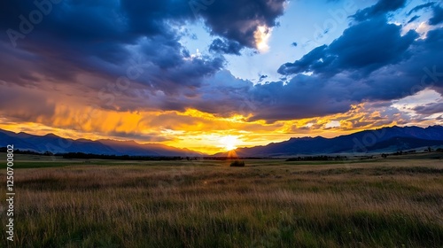 Wide open landscape featuring rolling hills and a stunning sunset with dramatic clouds : Generative AI photo