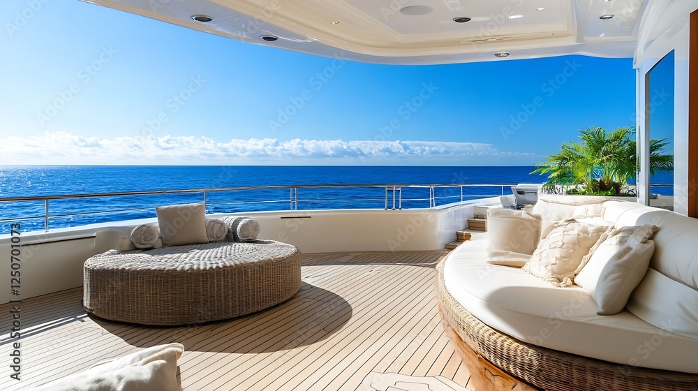 Fototapeta premium Beautiful terrace with cozy seating overlooking the vast blue ocean and clear skies : Generative AI