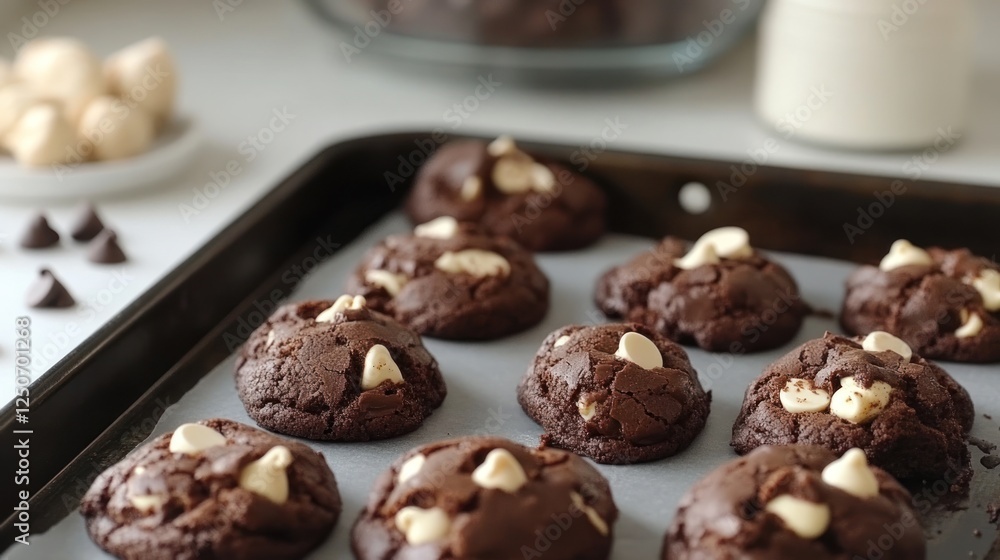 Freshly Baked Chocolate Cookies with White Chocolate on a Baking Sheet Freshly Baked Chocolate Cookies with White Chocolate on a Baking Sheet