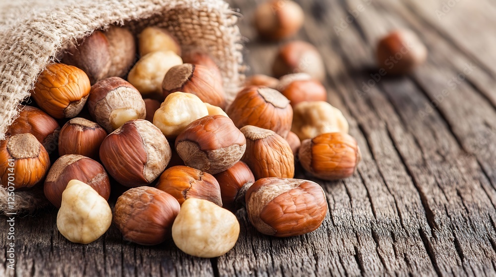 A rustic view of assorted hazelnuts spilled from a burlap sack on a wooden table showcasing their natural quality : Generative AI A rustic view of assorted hazelnuts spilled from a burlap sack on a wooden table showcasing their natural quality : Generative AI
