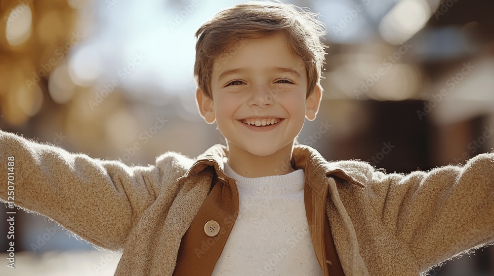 Joyful boy spreading arms wide, enjoying golden autumn sunlight, smiling brightly among vibrant fallen leaves outdoors