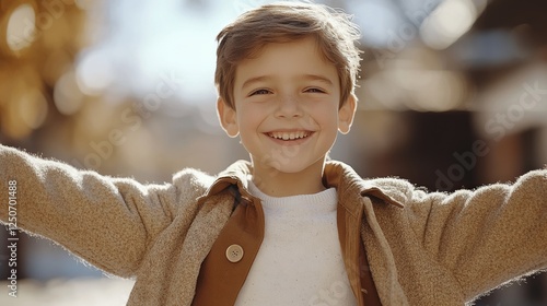 Obraz na płótnie Joyful boy spreading arms wide, enjoying golden autumn sunlight, smiling brightly among vibrant fallen leaves outdoors w salonie