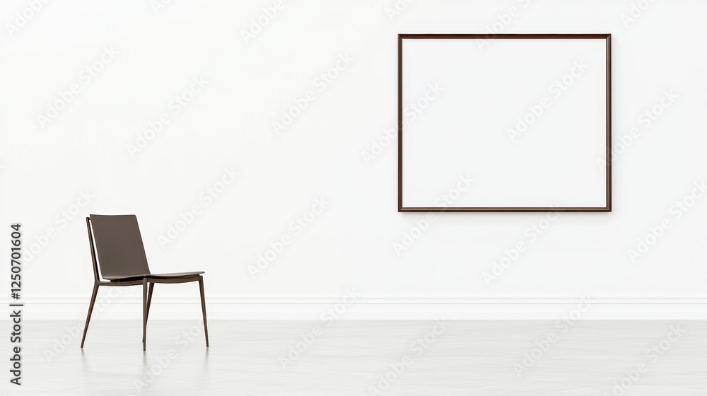 A minimalist gallery setting with a chair and an empty frame on the wall. A minimalist gallery setting with a chair and an empty frame on the wall.