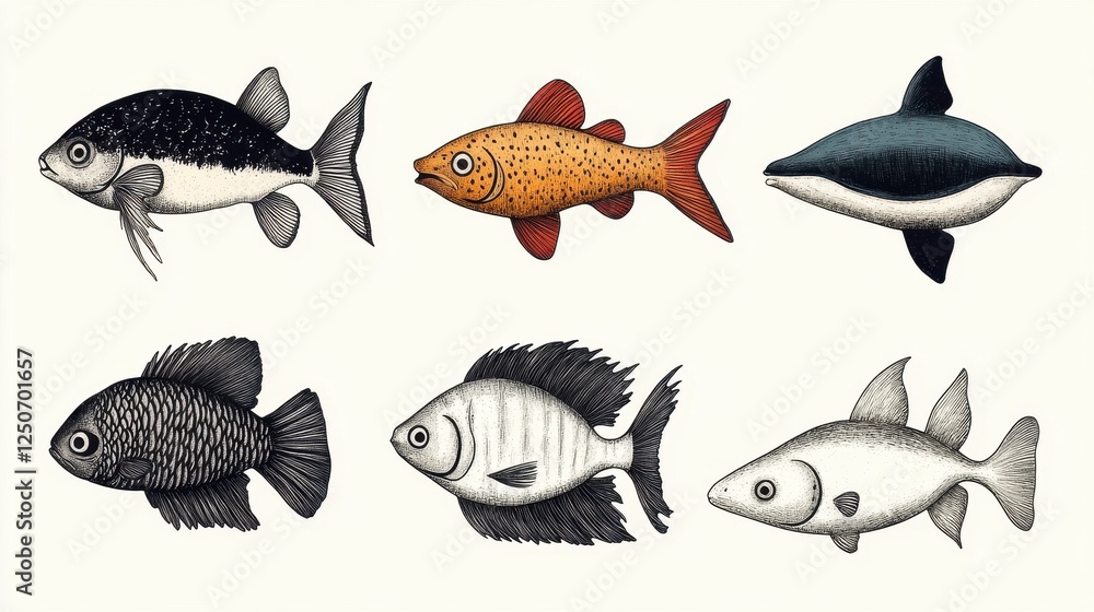 Naklejka premium Hand-drawn Illustrations of Various Colorful Freshwater Fish Species