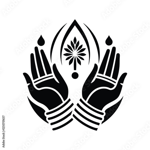 
A symmetrical emblem featuring a pair of hands raised in prayer, encircled by a laurel wreath adorned with leaves and decorative elements