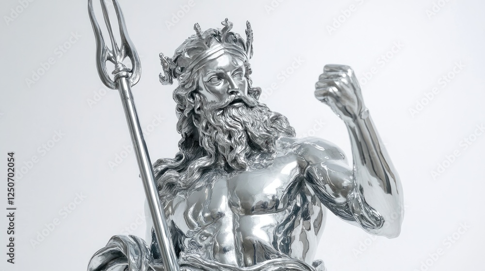 Obraz premium Glimmering Silver Statue of a Mythical Sea God with Trident Pose