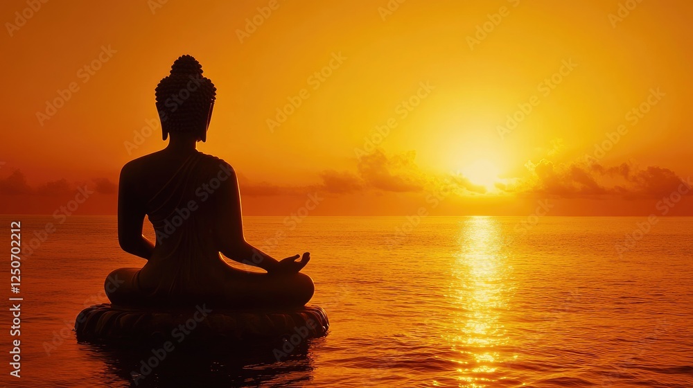 Serene Buddha Silhouette Against Vibrant Sunrise Over Calm Ocean Serene Buddha Silhouette Against Vibrant Sunrise Over Calm Ocean