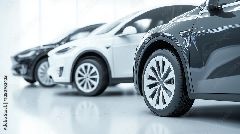 Modern Electric Vehicles in Stylish Dealership Lot, Clean White Background with Copy Space for Advertising Modern Electric Vehicles in Stylish Dealership Lot, Clean White Background with Copy Space for Advertising