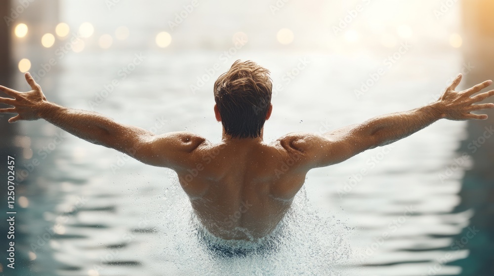 Athletic male diving headfirst into sparkling pool water, stretching arms wide, embodying summer fitness and aquatic recreation under bright sunlight