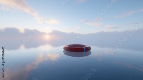 Calm waters, lonely life preserver, serene sunrise, tranquil photo