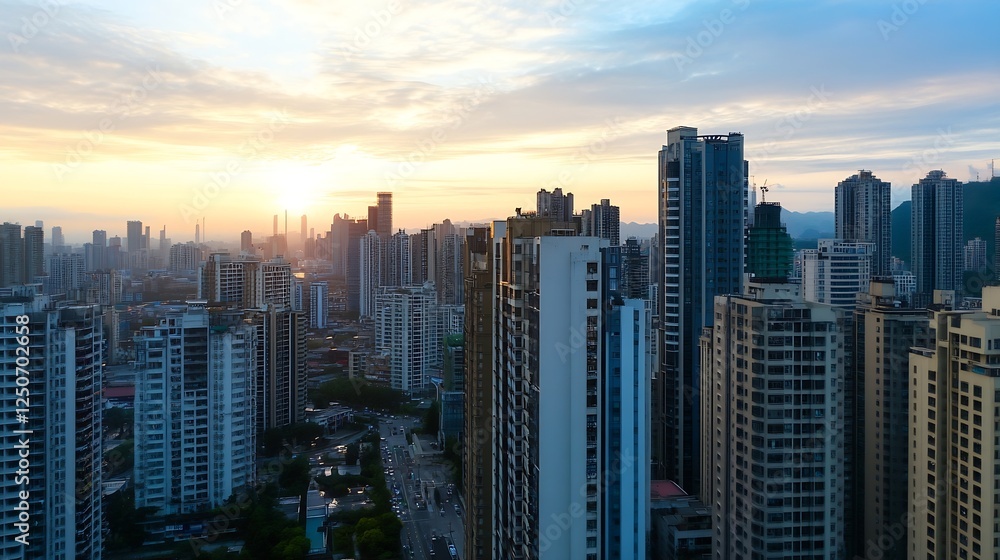 Aerial View of Urban City Skyline with Skyscrapers during Beautiful Sunset for Real Estate and Travel : Generative AI Aerial View of Urban City Skyline with Skyscrapers during Beautiful Sunset for Real Estate and Travel : Generative AI