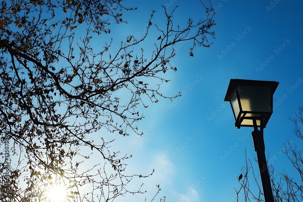 Autumn park lamppost, blue sky, bare branches, sunlight Autumn park lamppost, blue sky, bare branches, sunlight