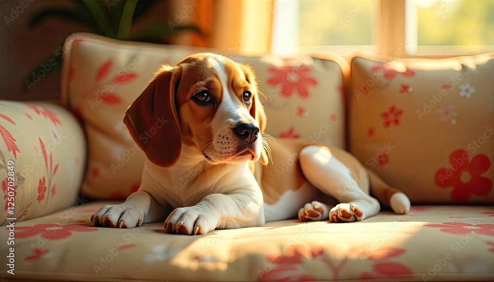 Obraz premium Adorable Beagle Puppy Relaxing on a Comfortable Couch Bathed in Warm Sunlight at Home