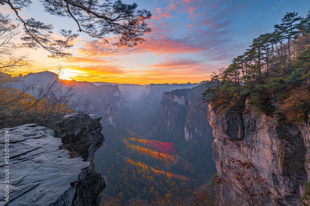 Obraz premium Sunrise over autumn canyon, majestic clifftop view