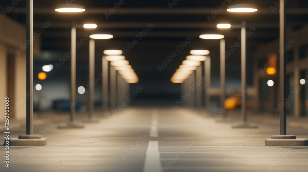 Rows of street lights casting a warm glow over an empty parking lot at night, evoking feelings of quiet solitude and creating an eerie, atmospheric urban scene