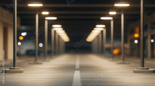 Obraz na płótnie Rows of street lights casting a warm glow over an empty parking lot at night, evoking feelings of quiet solitude and creating an eerie, atmospheric urban scene w salonie