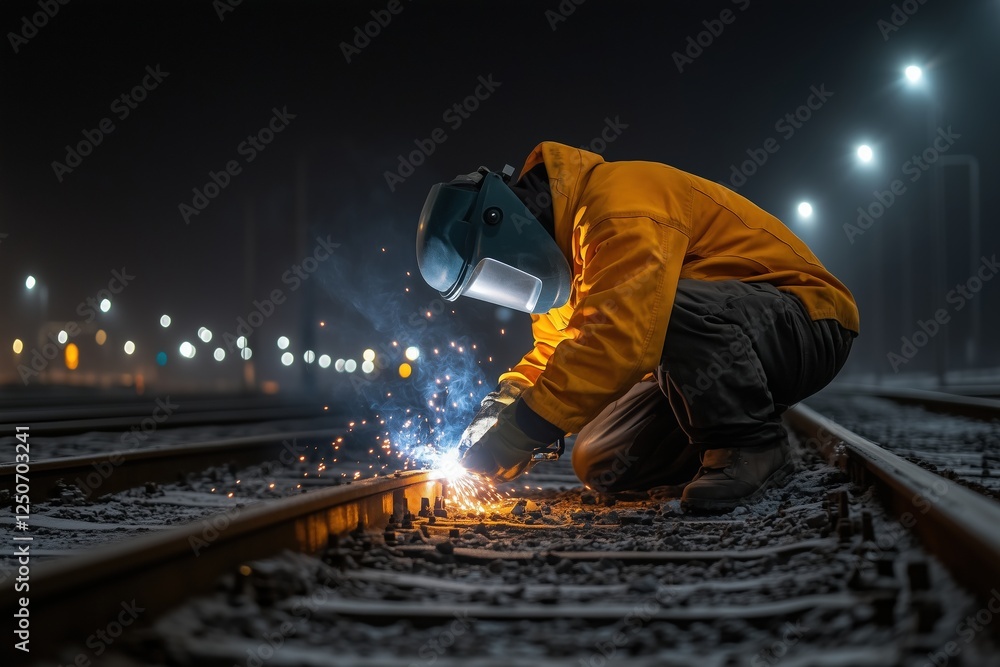 Welder working on railway tracks at night with sparks flying under illuminated conditions. Precision and engineering concept. Welder working on railway tracks at night with sparks flying under illuminated conditions. Precision and engineering concept.