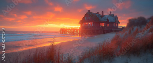Snowy Beach House At Winter Sunset