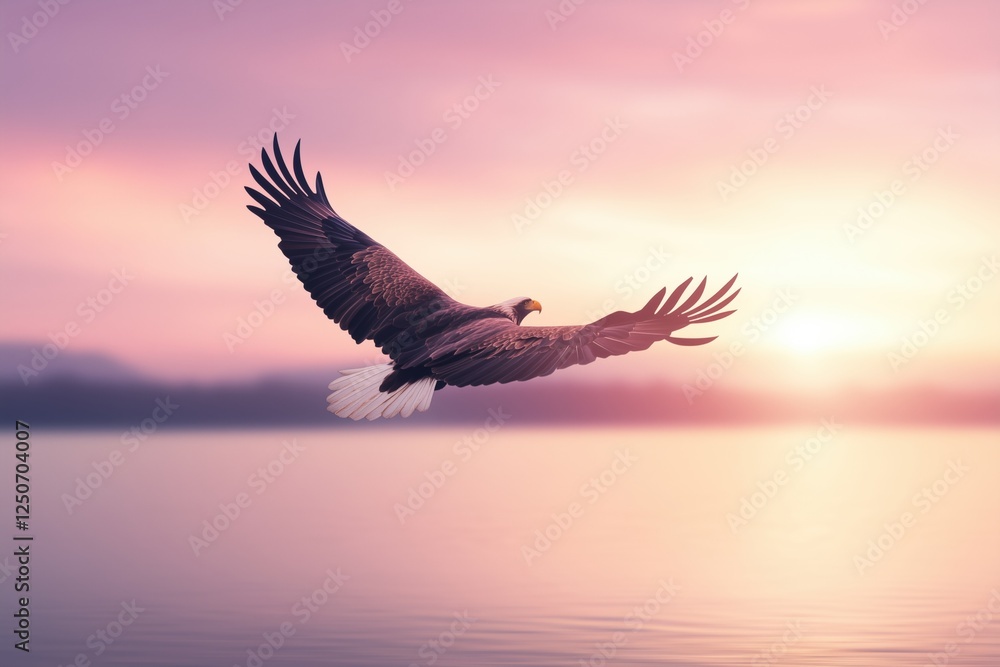Obraz premium Bald eagle flying over a lake at sunrise with a colorful sky. Freedom and nature concept