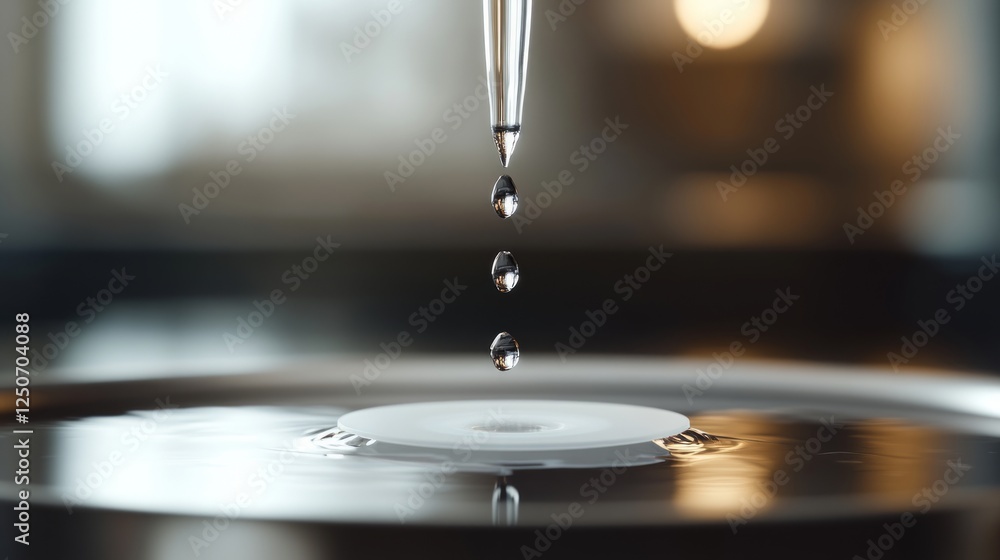 Transparent pipette dispensing liquid droplets onto glass petri dish, scientific workspace revealing experimental precision with soft focus background
