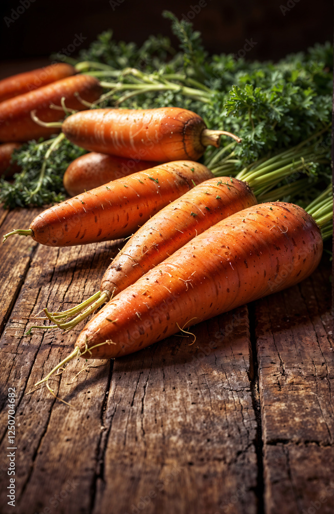 Freshly Harvested Carrots Resting on a Rustic Wooden Table Surrounded by Natural Lighting Freshly Harvested Carrots Resting on a Rustic Wooden Table Surrounded by Natural Lighting