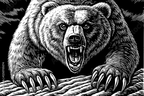 angry bear portrait black and white funny hand drawn sketch for painting book