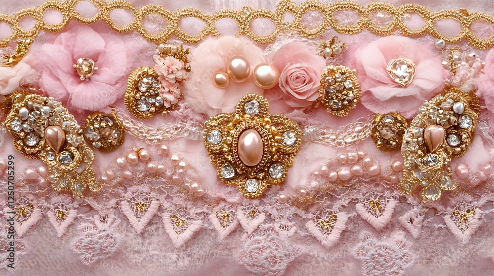 Ornate Pink Fabric With Gold Embellishments and Pearls Ornate Pink Fabric With Gold Embellishments and Pearls