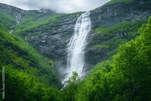 Majestic mountain waterfall cascading down verdant valley