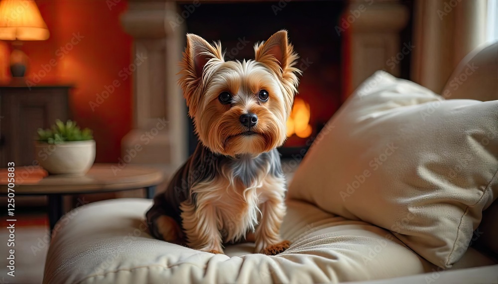 Capture the Charm of an Adorable Dog Relaxing on a Cozy Couch in a Warm Home Setting with a Flickering Fireplace Capture the Charm of an Adorable Dog Relaxing on a Cozy Couch in a Warm Home Setting with a Flickering Fireplace