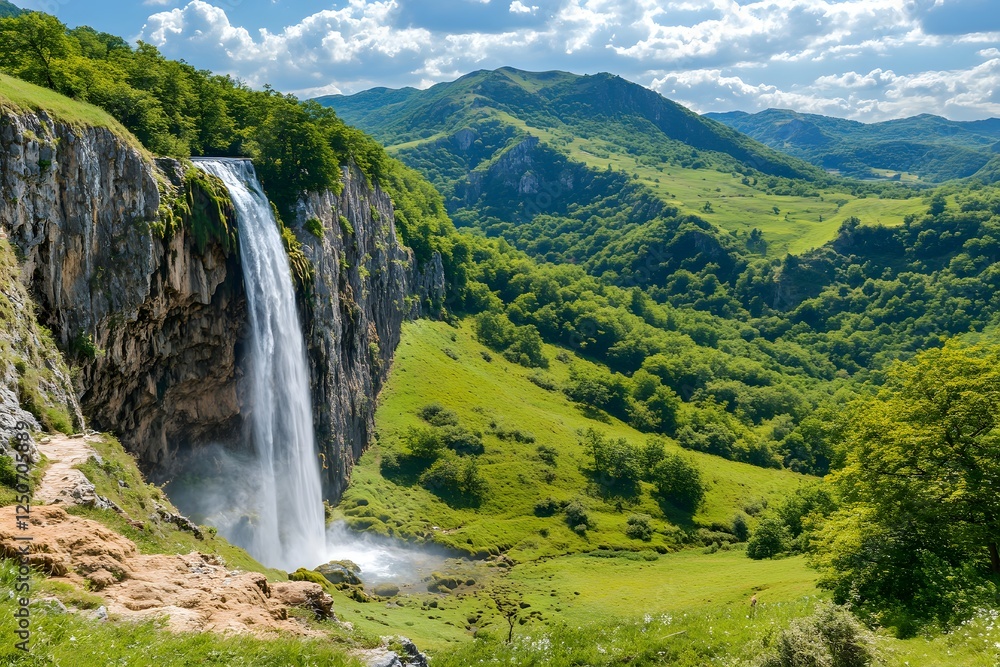Majestic Waterfall Cascades Down Mountainside, Lush Valley Background, Travel Poster Majestic Waterfall Cascades Down Mountainside, Lush Valley Background, Travel Poster