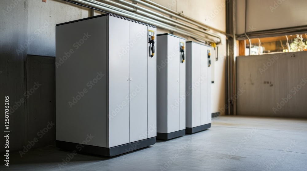 Modern energy storage system for residential use in a basement setting Modern energy storage system for residential use in a basement setting