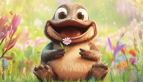 Happy Platypus Sitting In A Flower Garden photo