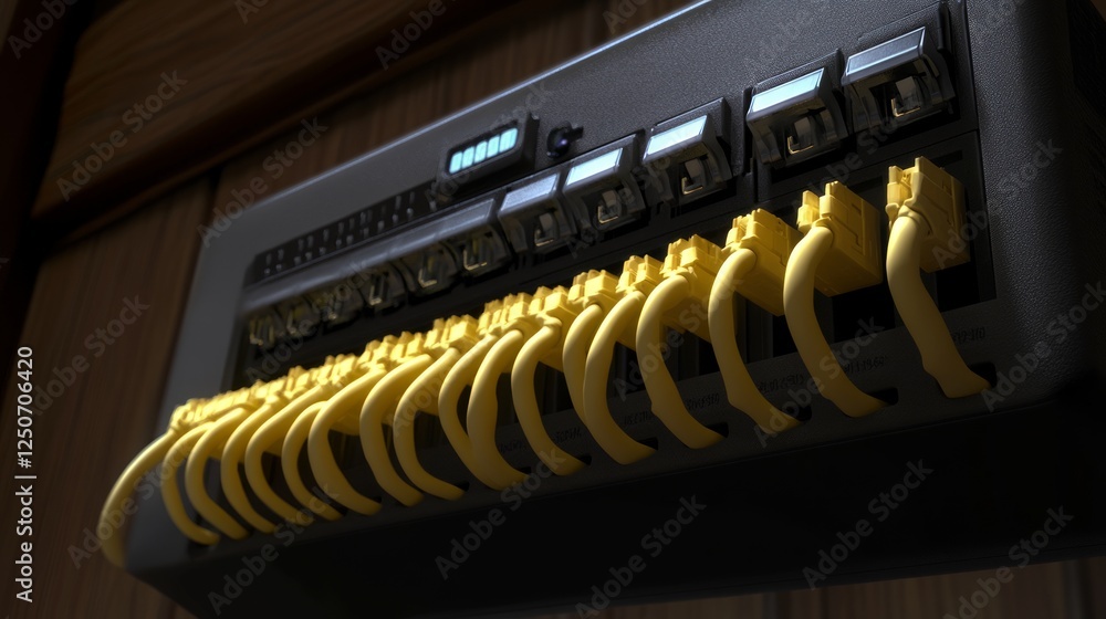 Yellow ethernet cables plugging into network switch, facilitating high speed data communication within professional server infrastructure
