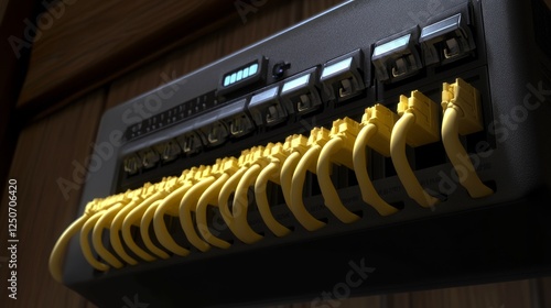 Obraz na płótnie Yellow ethernet cables plugging into network switch, facilitating high speed data communication within professional server infrastructure w salonie