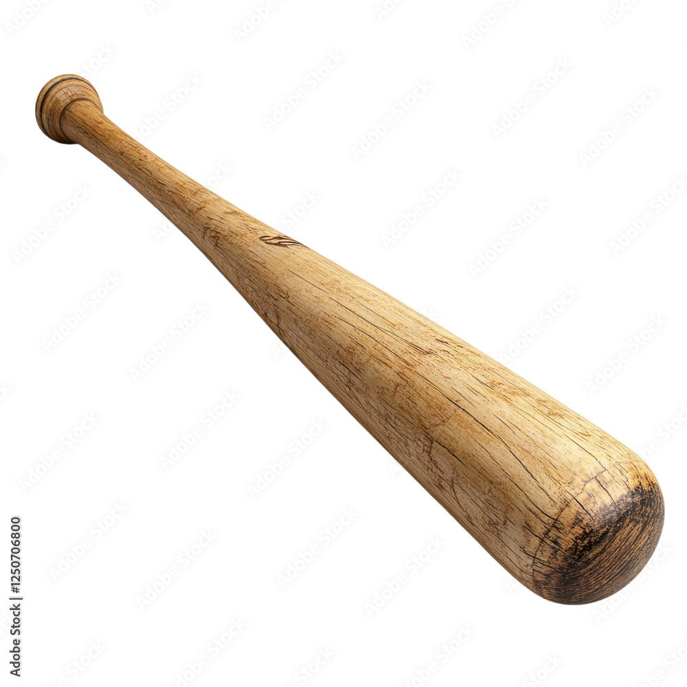 A wooden baseball bat with a smooth finish and tapered design, featuring visible grain patterns and wear marks. A wooden baseball bat with a smooth finish and tapered design, featuring visible grain patterns and wear marks.