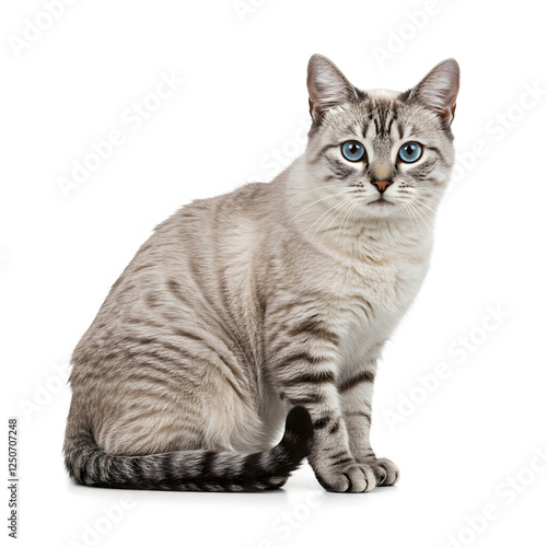 Sitting Silver Tabby Cat with Blue Eyes on White Background