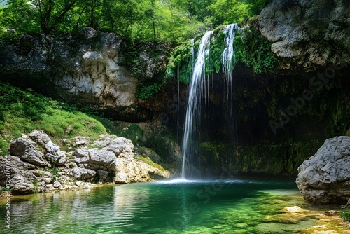 Secluded waterfall cascades into tranquil pool, lush forest backdrop, nature tourism