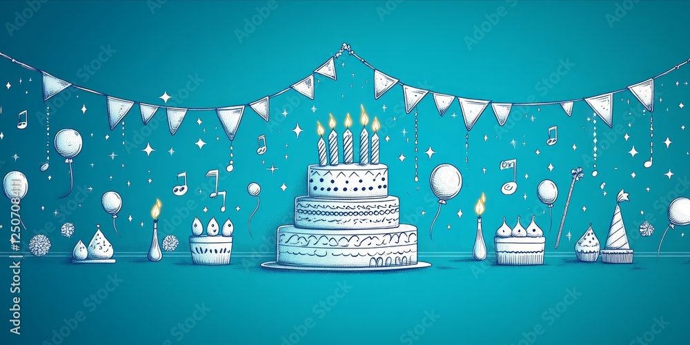 Birthday banner displaying hand drawn tiered cake with glowing candles, colorful balloon decorations, festive bunting on vibrant teal backdrop