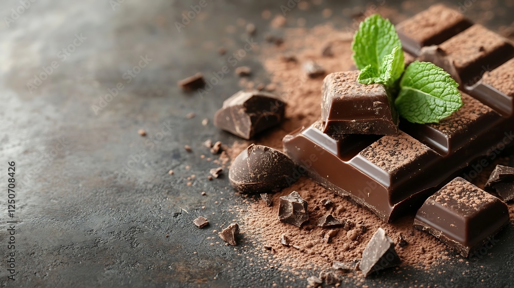 Dark Chocolate Pieces with Fresh Mint Leaves on a Rustic Surface Indulgent and Rich Flavor : Generative AI Dark Chocolate Pieces with Fresh Mint Leaves on a Rustic Surface Indulgent and Rich Flavor : Generative AI