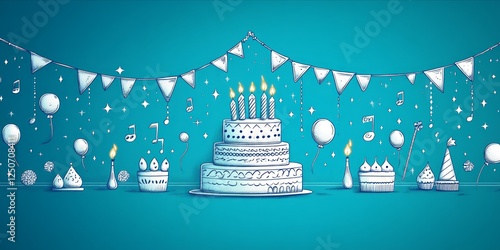 Obraz na płótnie Birthday banner displaying hand drawn tiered cake with glowing candles, colorful balloon decorations, festive bunting on vibrant teal backdrop w salonie