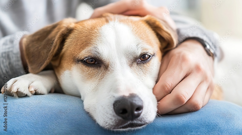 Caring owner gently petting a relaxed beagle dog lying comfortably on a blue cushion at home : Generative AI Caring owner gently petting a relaxed beagle dog lying comfortably on a blue cushion at home : Generative AI