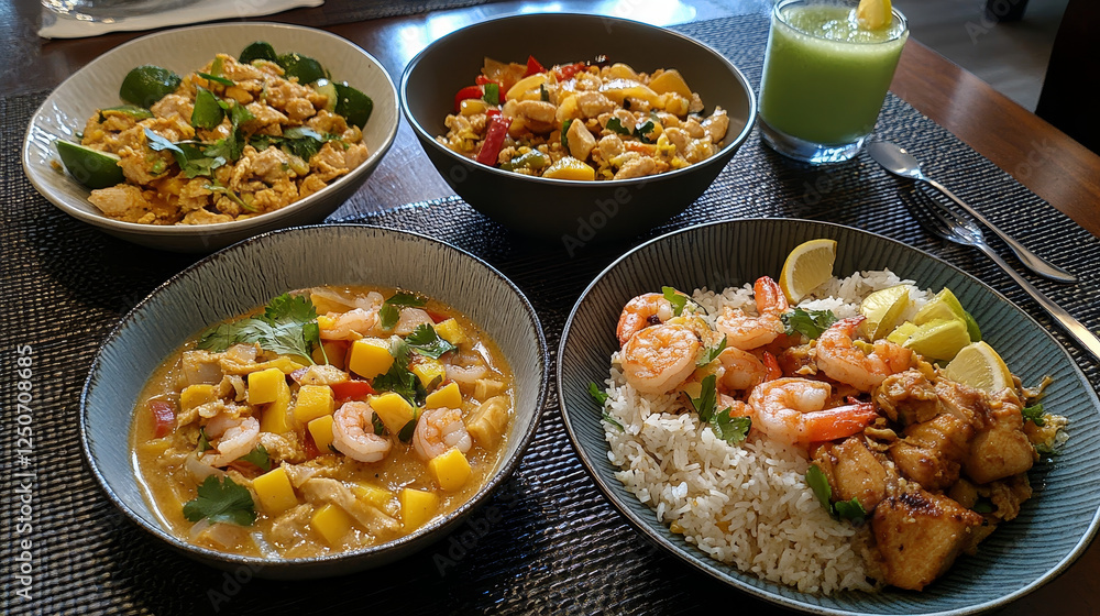Thai cuisine meals vertical banners. Pork pad Thai noodle stir fry, red curry chicken and coconut soup, vegetable stir fry, shrimp mango salad and fried rice, lamb vegetable and mushroom curry Thai cuisine meals vertical banners. Pork pad Thai noodle stir fry, red curry chicken and coconut soup, vegetable stir fry, shrimp mango salad and fried rice, lamb vegetable and mushroom curry