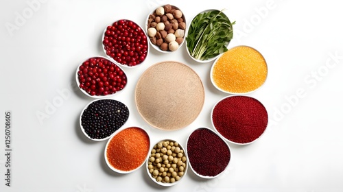 Wallpaper Mural Conceptual display of precisely arranged nutritious food granules such as grains powders and supplements against a clean simple white backdrop showcasing the natural balanced Torontodigital.ca
